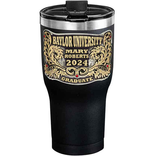 A customized tumbler made of stainless steel with a personalized engraved name and Baylor University lettering, 30 oz, ideal for coffee or cool drinks